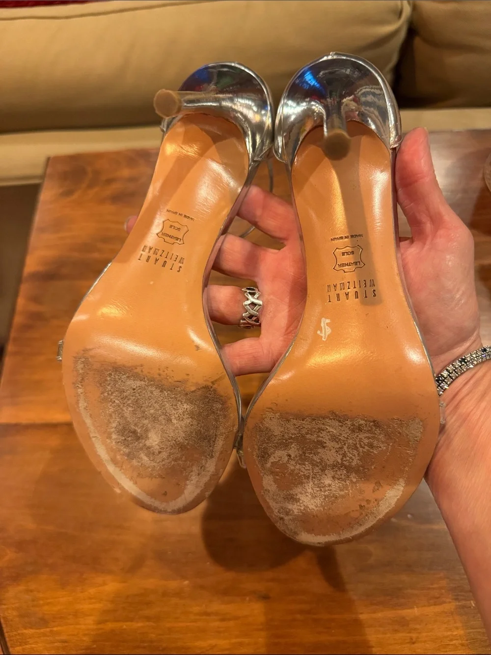 Stuart Weitzman Silver Vero Cucio Metallic Open Toe Heel Strap 8 1/2 Wedding EXC